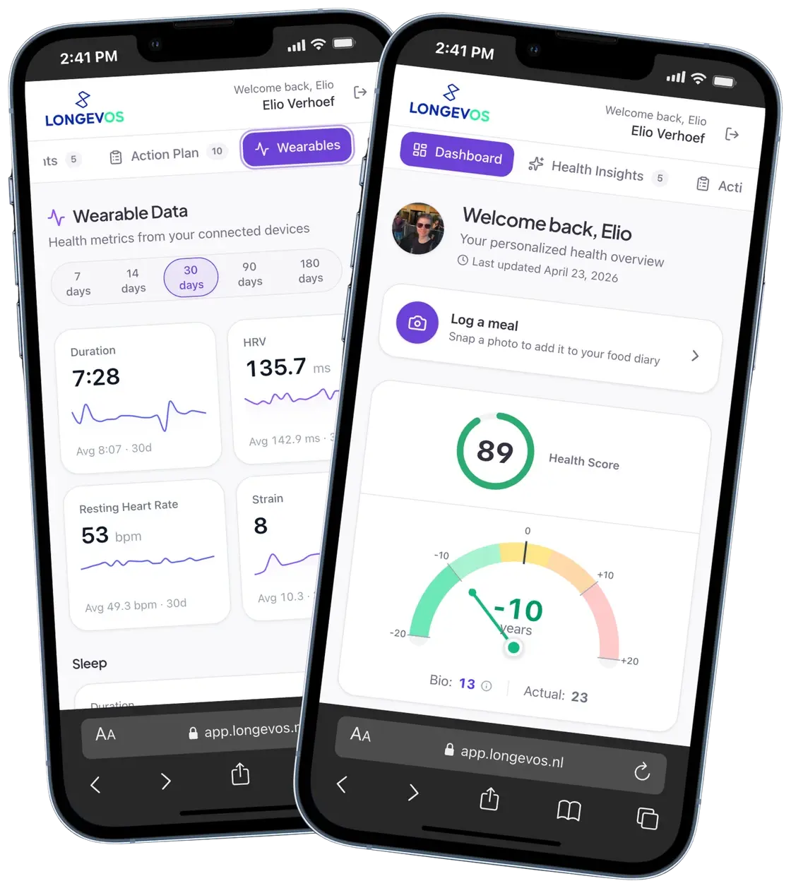 The LongevOS white-label client portal on two phones: live wearable data and a personalized health overview